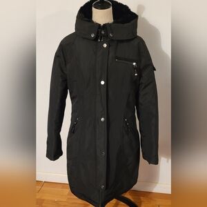 Women's Black Hooded Coat Sz L Winter Snow Laundry By Shelly Segal Feathers Down